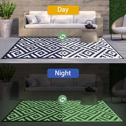 Image of GENIMO 5'x8' Outdoor Rug Waterproof, Reversible Light Camping Mat, Plastic Straw Rugs for Patio, RV, Camper, Balcony, Backyard, Picnic, Deck (Light Navy Blue & White)
