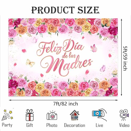 Joliaco Feliz Dia De Las Madres Backdrop Hot Pink Floral Spanish Mother's Day Party Decorations Happy Mother's Day Photography Background Cake Table Banner (7x5ft) by Joliaco - Used condition - Image 6