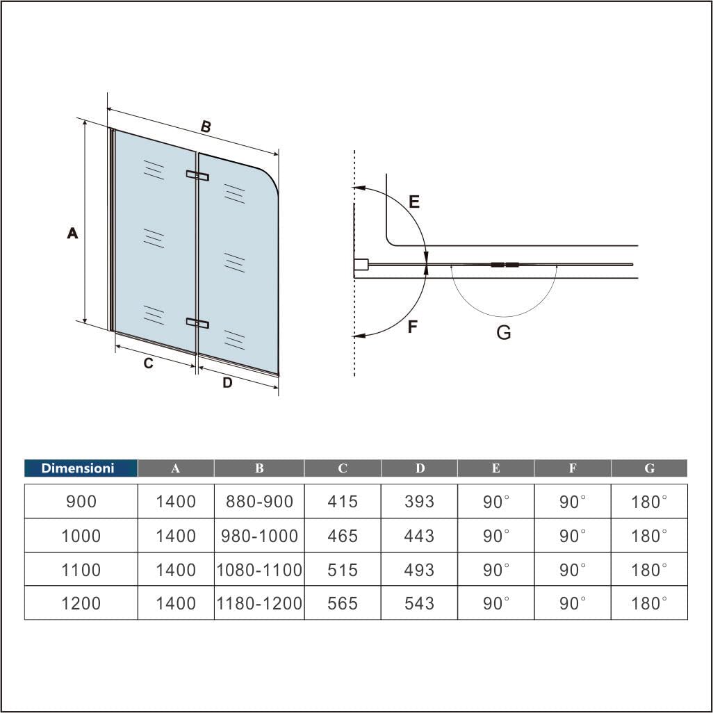 Sopravasca Parete Doccia 90x140 cm 2 ante Pieghevoli a Libro Vetro Temperato Trasparente 6 mm Anticalcare Telaio Cromo Lucido