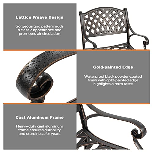 Nuu Garden Cast Aluminum Patio Dining Chairs With Armrests For Indoor Outdoor Bistro Chairs For Balcony, Backyard, Garden, Black With Gold-Painted Edge #TOP2