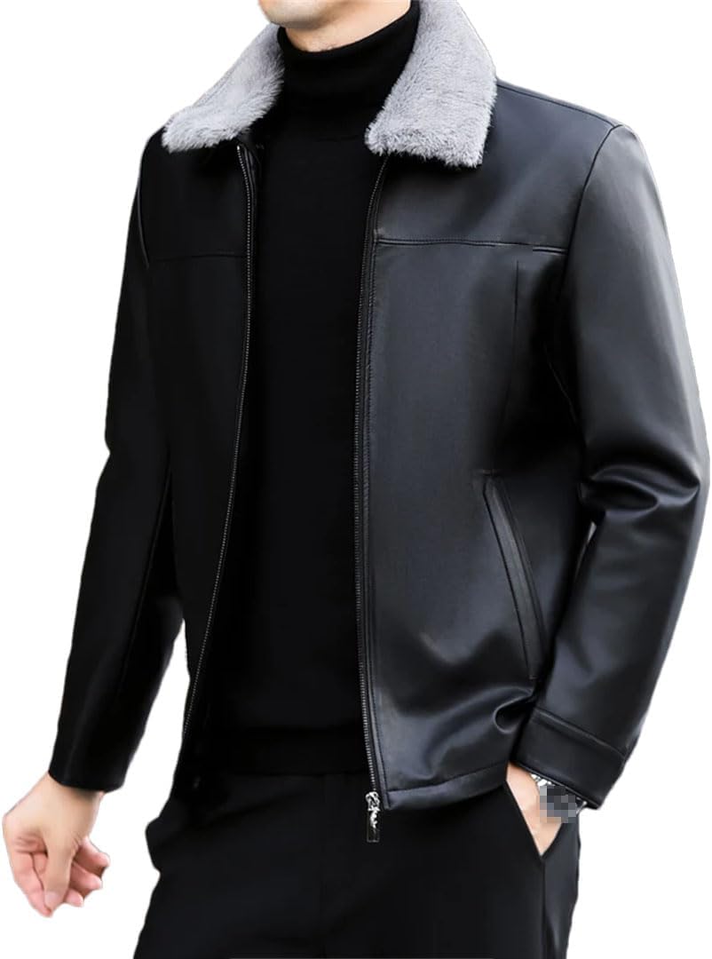 Vogrtcc Men's Leather Coat Winter Fleece-Lined Collar