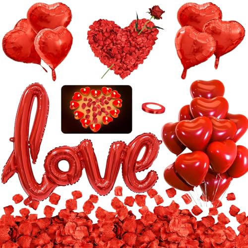 Decoración Romántica Conjunto de Velas y pétalos 50 Vela de Lámpara de té Flotante en Forma de Amor 2000 Pétalos de Rosa Roja de seda 18 Globos románticos rosas amor boda de globos San Valentín