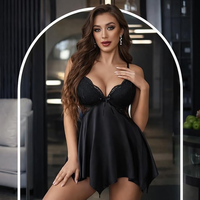 Image of KAIDAA Lingerie for Women | Sexy Hot Lace Babydoll Nightwear Set with Panty | Honeymoon Lingerie Set | First Night Dress for Women | Romantic Bridal Sleepwear (Fits 24-38 Size)