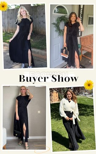 ECOWISH Summer Maxi Dress Women Cocktail Formal Wedding Guest Long Short Sleeve Pleated Dresses Empire Waist Crew Neck Slit2