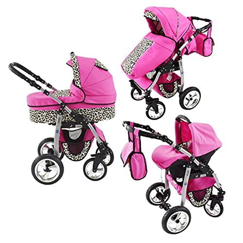 Kinderwagen 3in1 Megaset alles in einem Isofix Dino by ChillyKids Pink & Leopard 4in1 Autositz +Isofix