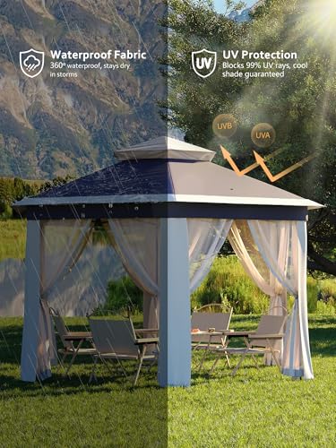 Garvee 13x13FT Pop Up Gazebo Screen Tent,Hexagonal Instant Gazebo Tent with Mosquito Netting Outdoor Canopy,6 Sided Sun Shelter with Mesh Netting,Pavilion Tents for Patio,Blue+Beige