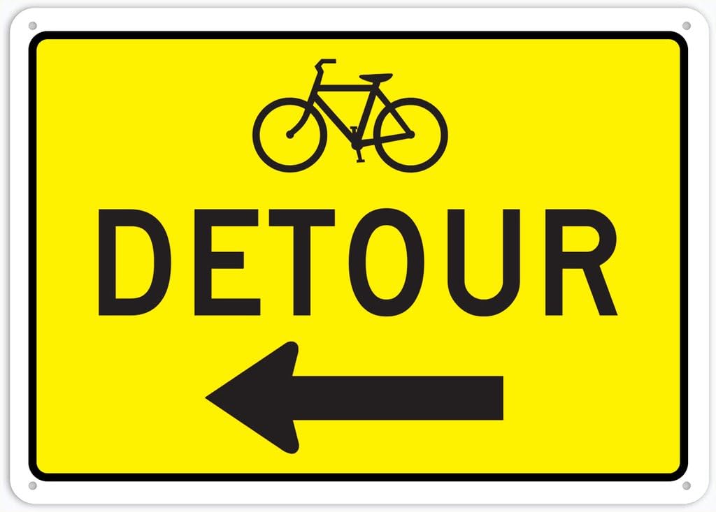 8"x12" Tin Metal Sign - Detour Bicycle Left Arrow - Decorative Plate For Shop, Yard, Garage, Outdoor Wall