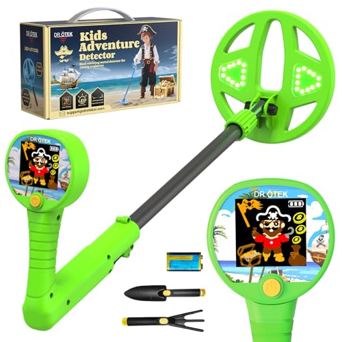 DR.ÖTEK Metalldetektor Kinder Farb-LCD & 6 Leuchtspule Leicht & Einstellbar Rutschfester Griff Kinder Metalldetektor Set für 3-12 Jungen & Mädchen Grün