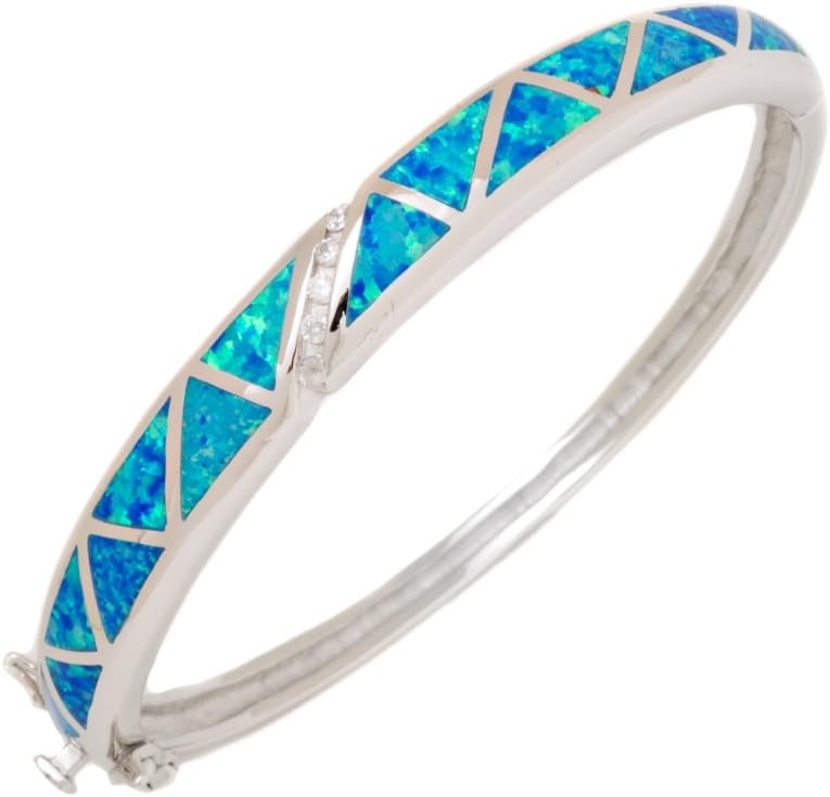 Sterling Silver Opal Inlay With Cz Accents Alluring Bangle Bracelet