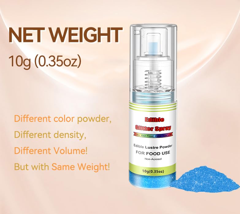 Edible Glitter Spray(Blue), Non Aerosol Food Coloring Lustre Powder, Food Grade Sparkling Dust Push Pump for Decorating Cupcake, Fondant, Cookie, Frosting, Gum paste, 0.35 OZ.