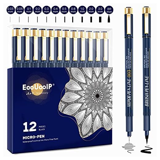 EooUooIP Rotuladores fineliner con puntas surtidas, 12 bolígrafos negros con micro delineador (0,03 mm-3 mm), bolígrafos de dibujo técnico, bolígrafos de ilustración