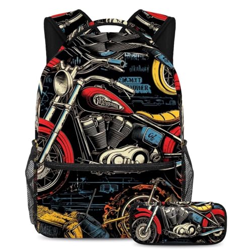 Sac à dos moto rétro colorée 2 pièces grand volume pour ranger tous les grands cahiers