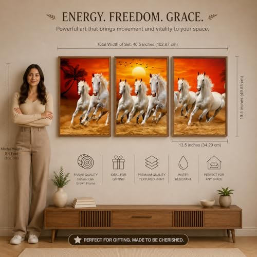 Image of Livin'luxe Set of 3 White Running Horse Sunset Wall Paintings for Living Room Bedroom Home Decor with Premium Wooden Color Synthetic Frame (13.5 x 19.5 Inch) NM03-95