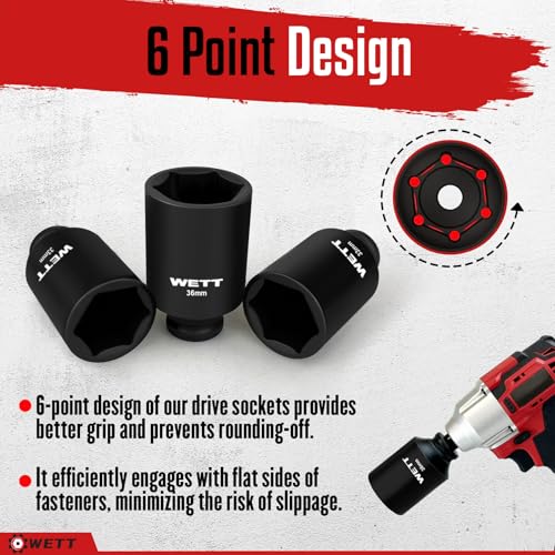 Image of WETT 1 /2 inch Drive Deep Large Impact Socket Set, 9-Piece Spindle Axle Nut Metric 6 Point Sockets Set, CR-V, 29mm-38mm