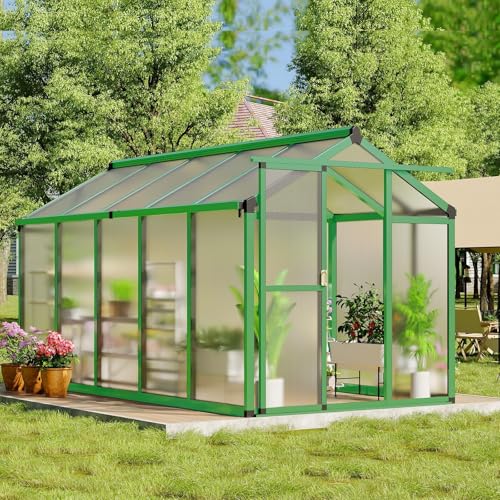 Garvee Serre De Jardin Aluminium Robuste, Panneaux Polycarbonate Anti-UV, Porte Battante Verrouillable, Aération Toit Réglable, Idéale pour Potager,...