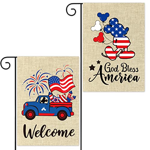 D1Resion 2Pcs 4Th Of July Patriotic Garden Flag Cartoon Mouse Welcome Truck Burlap Yard Flags God Bless America Double Sided Print House Flag Outdoor Decor For Independence Day Memorial Day 12 X 18 In #TOP6
