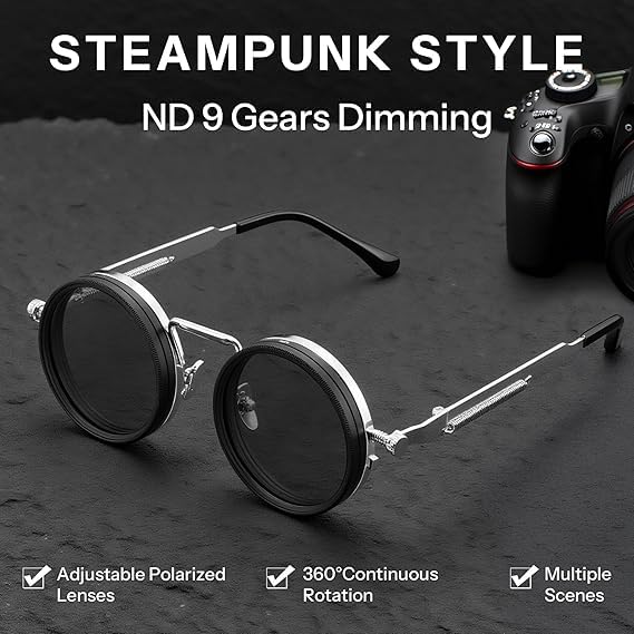 Image of Adjustable Tint Sunglasses, 1-9 Gear Adjustable Polarized Sunglasses with ND Filter Lenses, Round Black Lens for Men & Women, UV Protection for Driving, Fishing, and Outdoor Use.