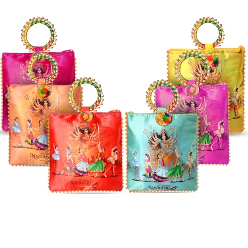 Image of Women Potli Bags Pack of 3 | with Zip & Bangle Handle | Traditional Shagun Return Gifts for Navratri, Bhajan, Kanjak, Garba