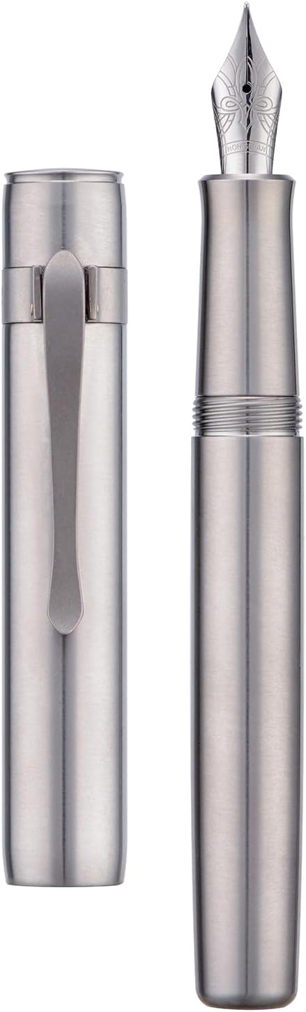 HONG DIAN M2 Titanium Mini Fountain Pen, Medium Soft Nib & Sleek Shape Metal Short Pocket Travel Pen (Titanium Gray)