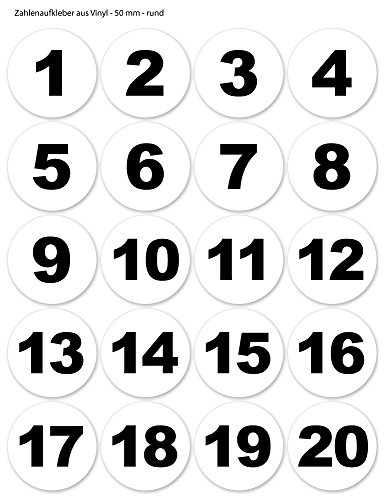Preisvergleich Produktbild Runde Zahlenaufkleber - Nummern 1-20, 50mm, weiß / schwarz