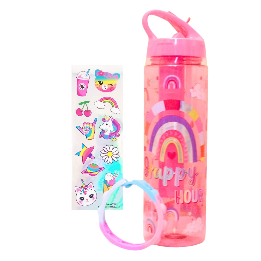 Daily Kids Sports Motivational Water Bottle with Time Marker for Girls– Ice Cube Stick Tube Inside - Leak Proof Cap with Handle Lid and Straw – Rainbow Theme for School and Travel – 22 ounce (Rainbow)