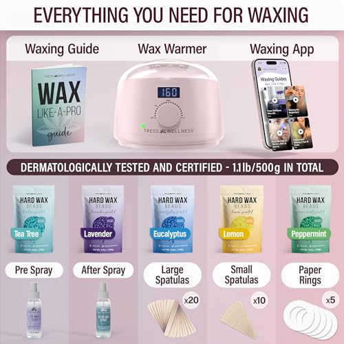 Image of Tress Wellness Award Winning Waxing Kit for Sensitive Skin - Safe for Face & Skin, Easy to Use - At-Home Kit for Face, Bikini, Brazilian & Full Body - Digital Display, Pink