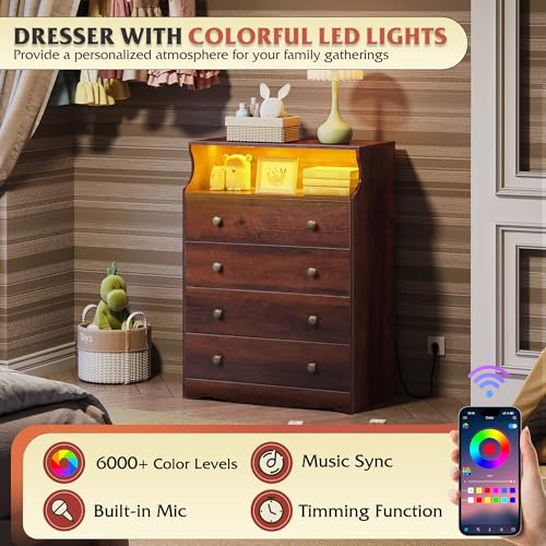 WLIVE LED Dresser for Bedroom, Tall Wood Dresser with 4 Drawers and Open Shelf, Chest of Drawers with Charging Station and LED Lights for Living Room, Hallway, Closet, Rustic Brown