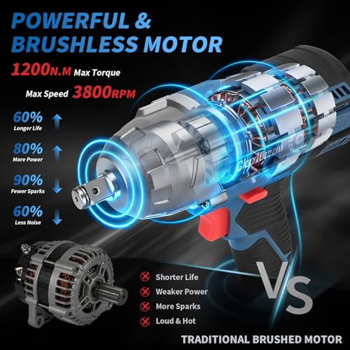 Image of 1 /2 Inch Cordless Impact Wrench,900Ft-lbs (1200N.m) Brushless Electric Impact Gun,3800RPM High Torque Electric Impact Driver Kit with 2 Batteries,Fast Charger,5 Sockets,Case for Car Tires,Mower,Pickup