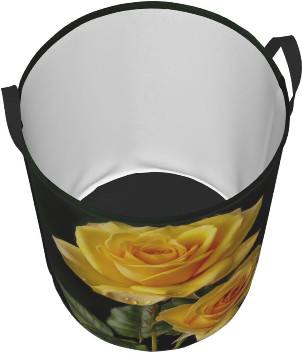 Yellow Rose print Circular Hamper Waterproof Storage Bin Organizer Basket Laundry Hamper With Handles For Clothes Toys Small