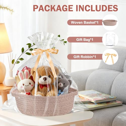 Image of Basket for Gifts Empty, Small Woven Basket with Bags and Ribbons, Baby Toy Baskets with Handles, Wicker Storage Bin for Baby Showers or Pet Toy (Brown, 1 Pack (12 inchx 8 inchx 3.74 inch))