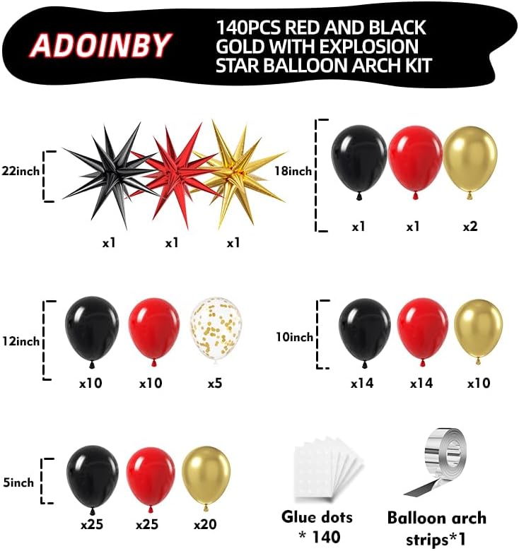 Miniatura 2 de Kit de guirnalda de 140 globos y globos en forma de estrella para arco, dorados metalizados, rojos y negros, 22, 18, 12, 10, 5 pulgadas para