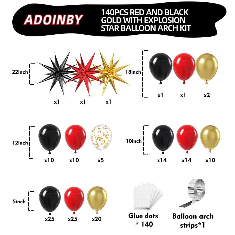Red and Black Gold Balloon Arch Kit, 140Pcs Explosion Star Black and Red Metallic Gold Balloons 22 18 12 10 5 Inch Different Size Balloons for Birthday Casino Night Movie Night Decorations - Image 3