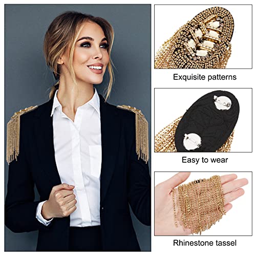 WEBEEDY 2pcs Metal Tassel Link Chain Epaulet Rhinestone Tassel Shoulder Epaulet Beaded Crystal Shoulder Boards Badge Brooch Pins Punk Epaulettes for Men Women Uniform Accessories (Gold)3