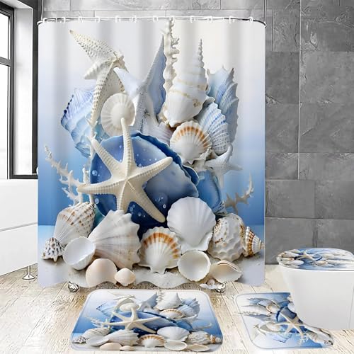 Chrainy 4Pcs Beach Conch Shower Curtain Sets Sea Shell Bathroom