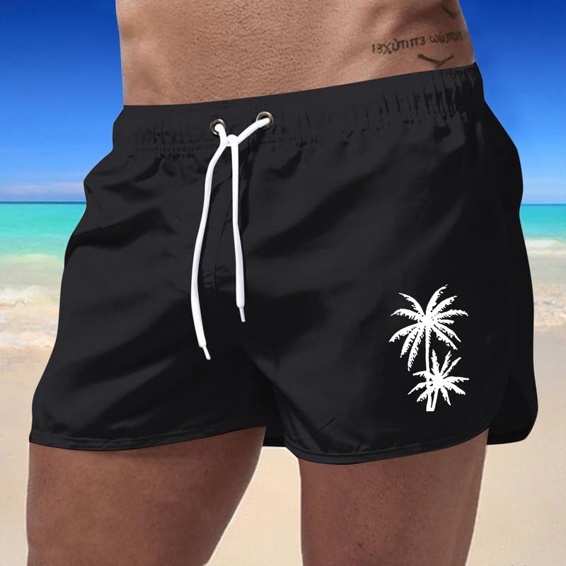 Men's Swim Trunks with Palm Tree Print, Quick Dry Beach Shorts with Drawstring, Black Swimwear for Outdoor