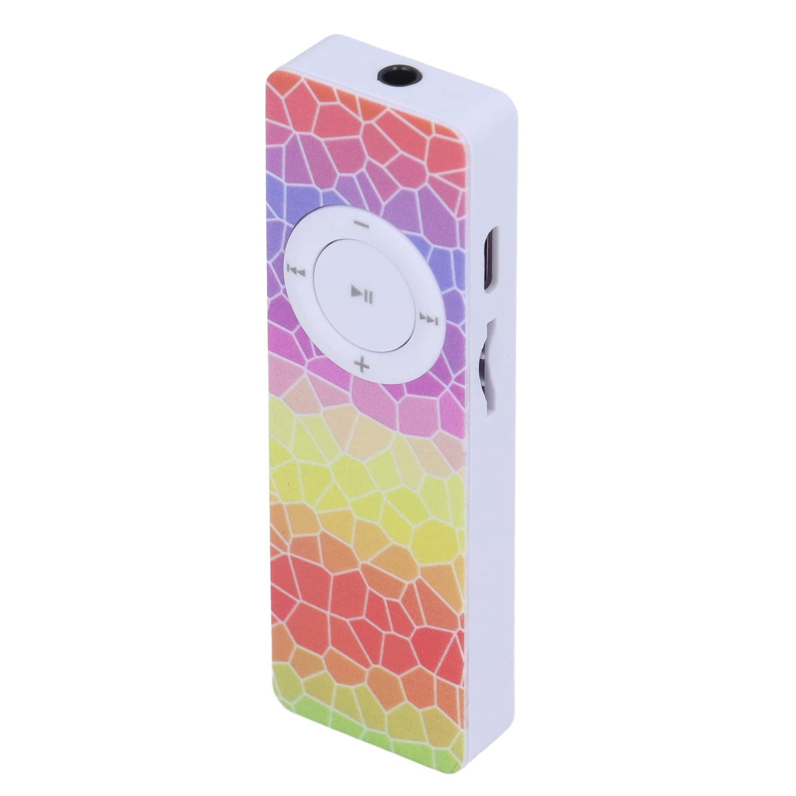 Goshyda MP3 Player, front view with colorful geometric pattern and control wheel