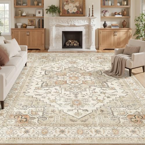 Washable 6x9 Area Rugs for Living Room ,Vintage Floral Rug Home Decor Gold