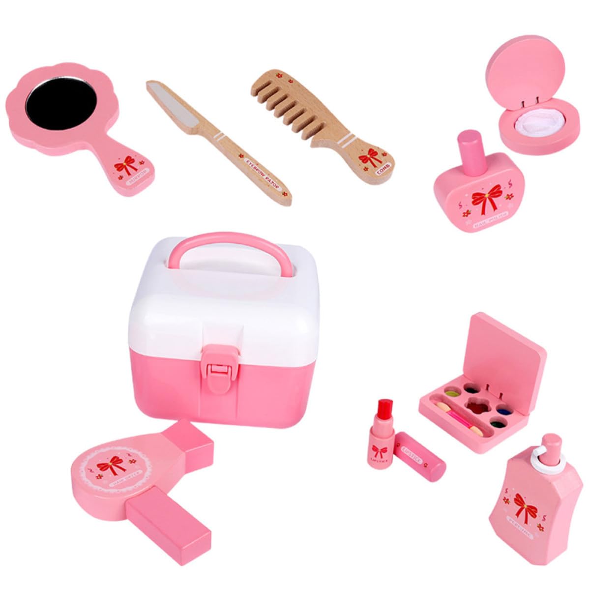 Lurrose Set di Trucchi Giocattolo in Legno e Plastica, Kit Creativo Rosa per Sviluppare Coordinazione Occhio-mano e Stimolare Riconoscimento Colori, per Compleanni