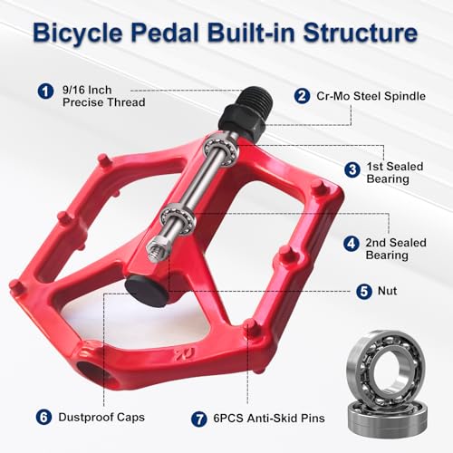 RainFlowwer 14mm Non-Slip Lightweight Aluminum Alloy Bicycle Pedals,Road/MTB Flat Pedals,Mountain Bike Pedals,Fits 9/16\" Road Mountain BMX MTB Bike Pedal(red)