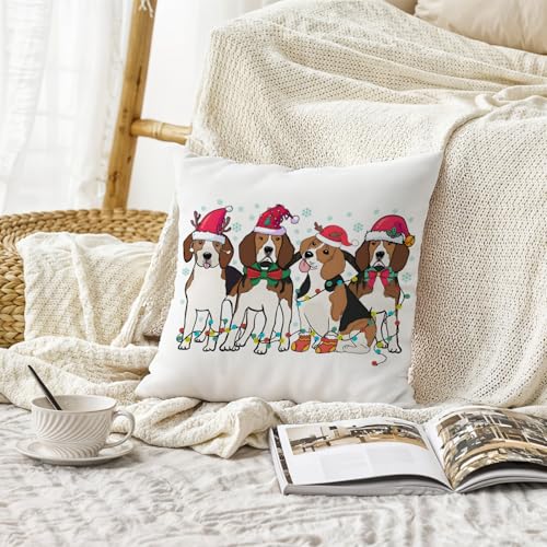 Image of Winter Christmas Beagle Dog Pillow Covers 18x18, Beagle Christmas Decorations, Holiday Xmas Hat Dog Decorative Throw Pillow Covers for Couch Sofa Bedroom Living Room Home