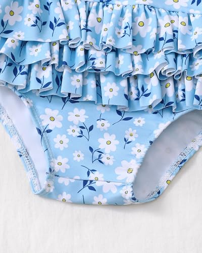 Image of Toddler Girl Swimsuit Baby Girl Bathing Suit Long Sleeve Floral Zipper One-Piece Rash Guard Swimsuit with Hat