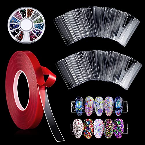 FERCAISH 100 Pcs Transparent Nail Stand Nail Art Display Stand with 10M Double Sided Tape and Nail Rhinestones