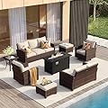 VICLLAX 8 Pieces Patio Furniture Set with Metal Fire Pit Table, Outdoor Conversation Set Includes 3-seat Sofa, 2 Swivel Outdoor Chairs with Side Table, Patio Loveseat and 2 Ottomans, Beige Cushion