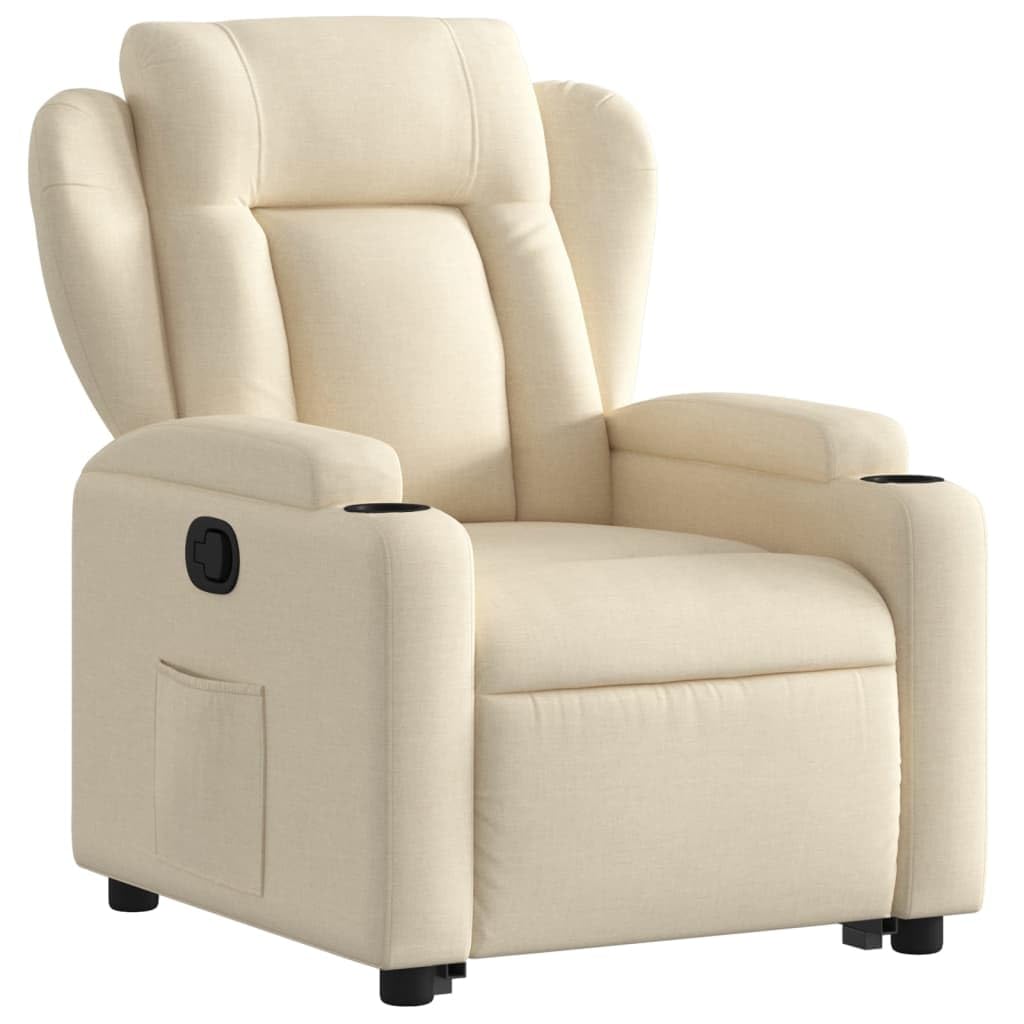 Sillón elevador eléctrico reclinable de tela color crema con elevación automática y respaldo manual, cómodo con portavasos y bolsillo lateral, estructura estable