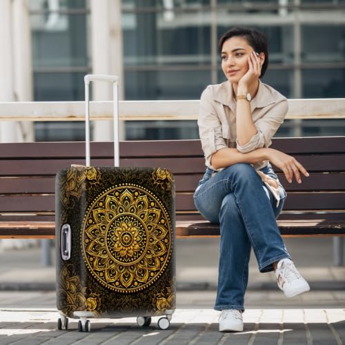 Image of Luxury Gold Mandala Luggage Cover Protective Suitcase Protector, Vintage Bohemian Floral Elastic Washable Travel Baggage Cover Fits 24-26 Inch Suitcase, Elegant Gold and Black Design,M