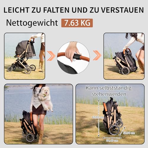 EchoSmile Ein-Knopf-Falt Hundewagen, Hundebuggy bis 20kg für kleine mittel Hunde & Katzen, Hunde Buggy & Katzenwagen mit Umkehrbarer Griff, Stoßdämpfung & Abnehmbares Waschbares Pad (Schwarz)
