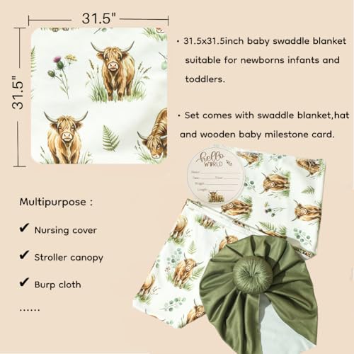 Image of Ylsteed Baby Highland Cow Swaddle Blanket and Headband Set, Newborn Receiving Blanket Swaddle Wrap for Girls and Boys, Swaddling Blankets Neutral for Newborn 32 * 32 in