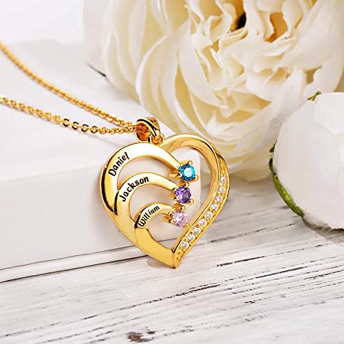 10K 14K 18K Gold Natural Diamonds and 2-5 Birthstones Heart Necklace for Women,Personalized Name Necklace Gift for Mom Gifts for Mother's Day(G-H Color, I2-I3 Clarity)2