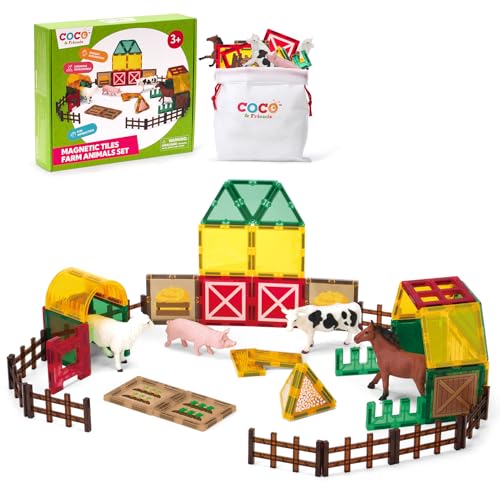 Image of COCO&Friends Magnetic Tiles Farm Animals for Toddlers Kids Ages 3-8 - 45 PCS Magnetic Blocks with Fence Building Toys for 3 Year Old Girl Boy Birthday Gift - Montessori Educational Magnet Toys