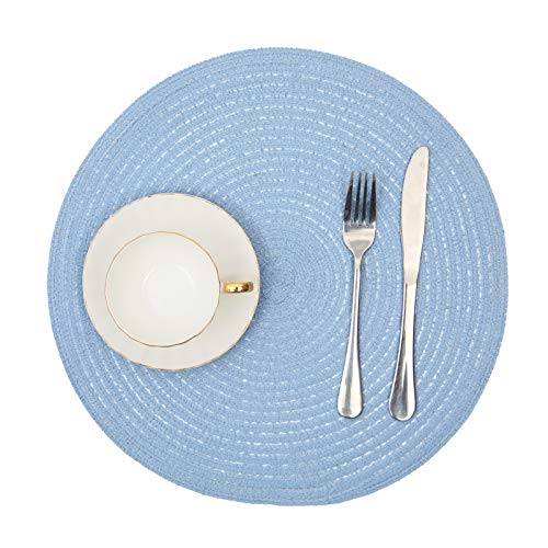 Image of SHACOS Round Braided Placemats Set of 4 Washable 15 inch Round Non Slip Table Place Mats for Dining Tables (Light Blue, 4)